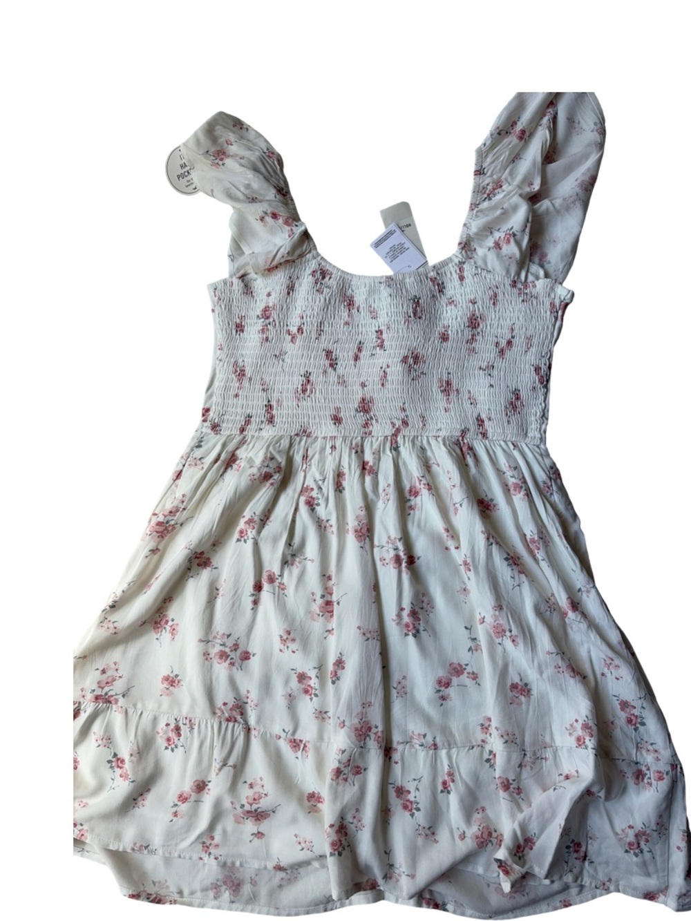 Floral Ruffle Sleeve Sun Dress - White with Pink Blossoms - Picture 2 of 4